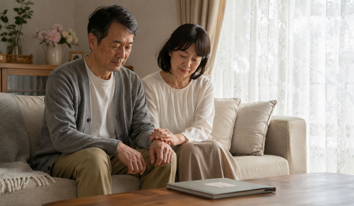 白いユニフォームの女性スタッフがテーブルを挟んで日本人夫婦に説明カードを指し示しながら丁寧に話している横からの構図
