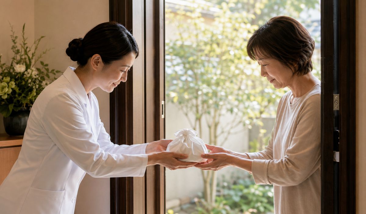 玄関口で白いユニフォームの女性スタッフが頭を下げながら白い骨袋を両手で飼い主の女性に手渡している場面