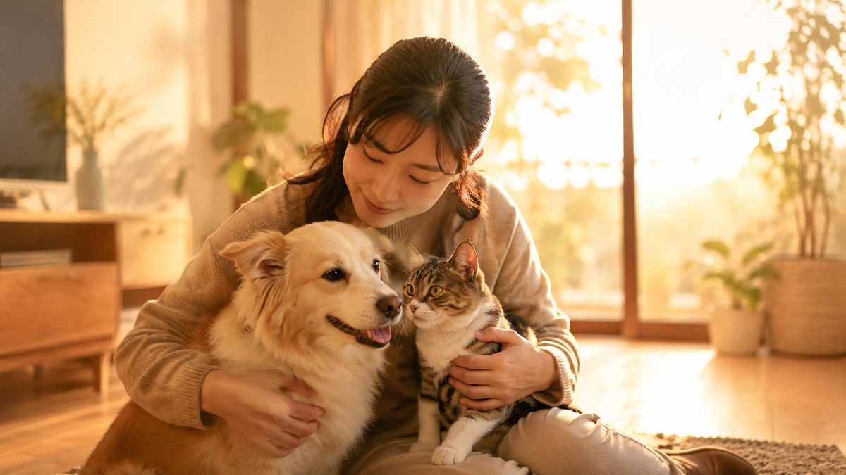 夕方の光の中で健康な犬と猫に寄り添う日本人女性