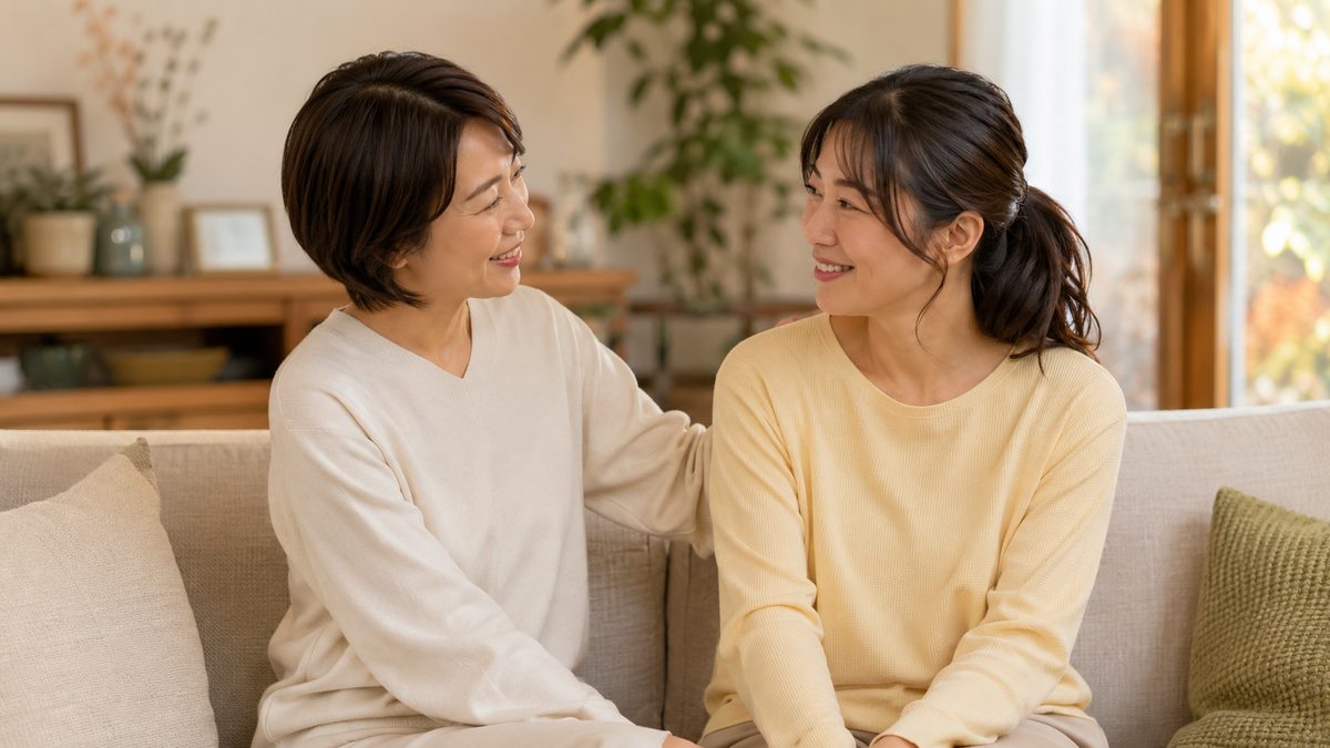 隣に座る相手の背にそっと手を添えてほほ笑む人
