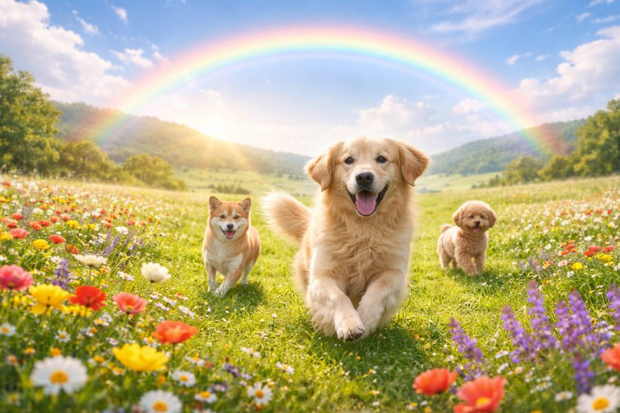 色とりどりの花畑を元気に駆け回るゴールデンレトリバーと柴犬とトイプードルと遠景にかかる虹のアーチ