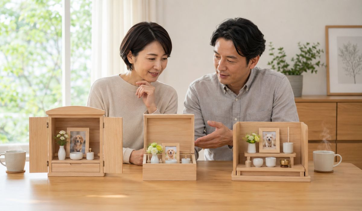 ダイニングテーブルに3種類のペット仏壇のサンプルを並べて穏やかに話し合う日本人夫婦
