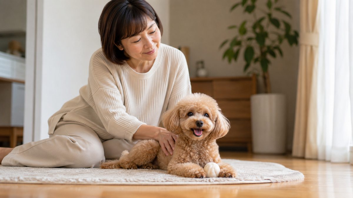 床でトイプードルの様子をやさしく見守る日本人女性
