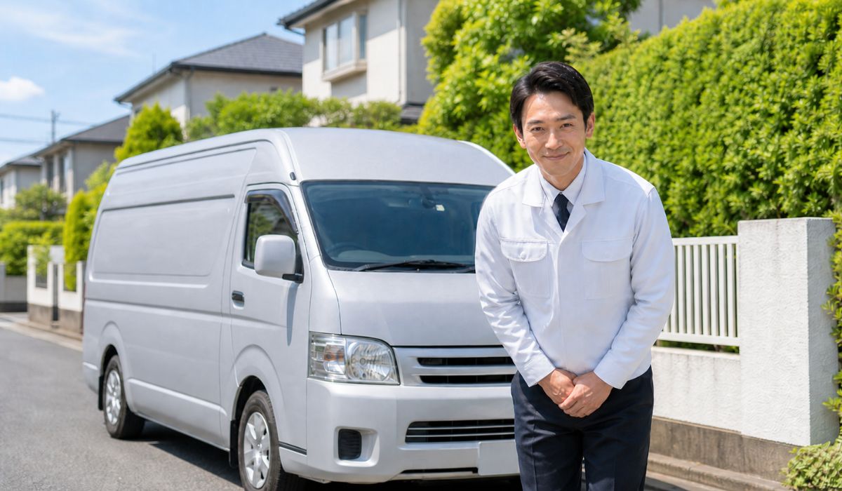 閑静な日本の住宅街の道路に停車する清潔感のある白いペット火葬車の前でお辞儀する白いユニフォームの男性スタッフ