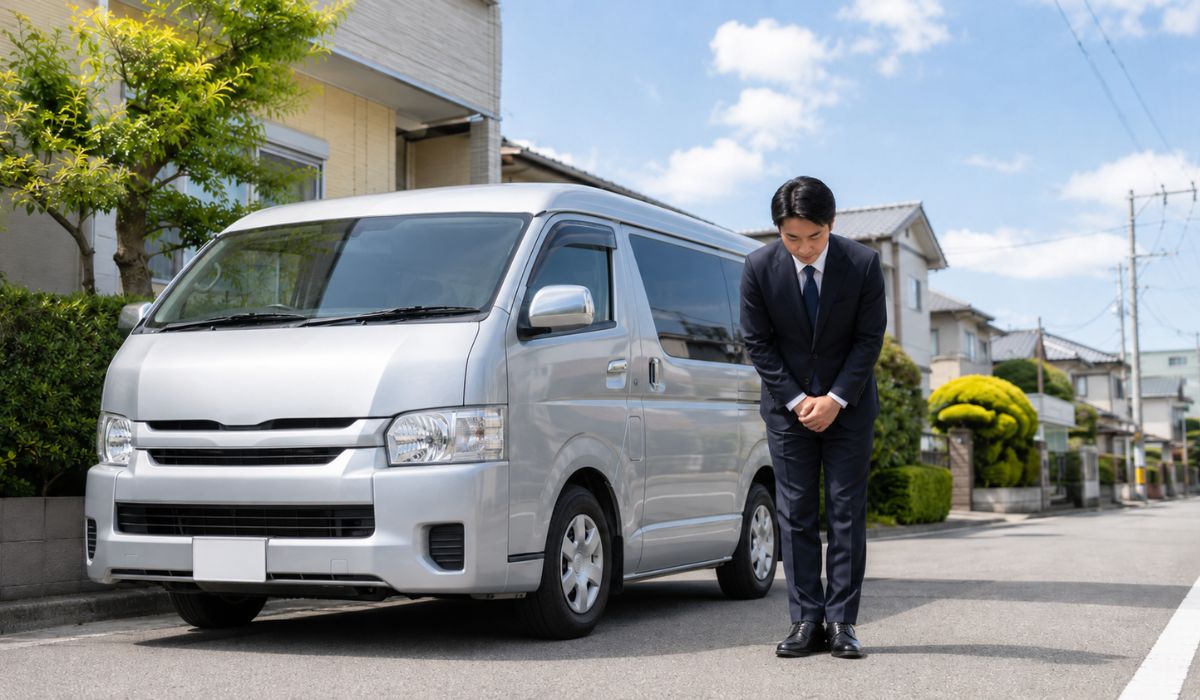 閑静な住宅街に停まる清潔感のある白いペット火葬車の前で会釈する白いユニフォームの日本人スタッフ