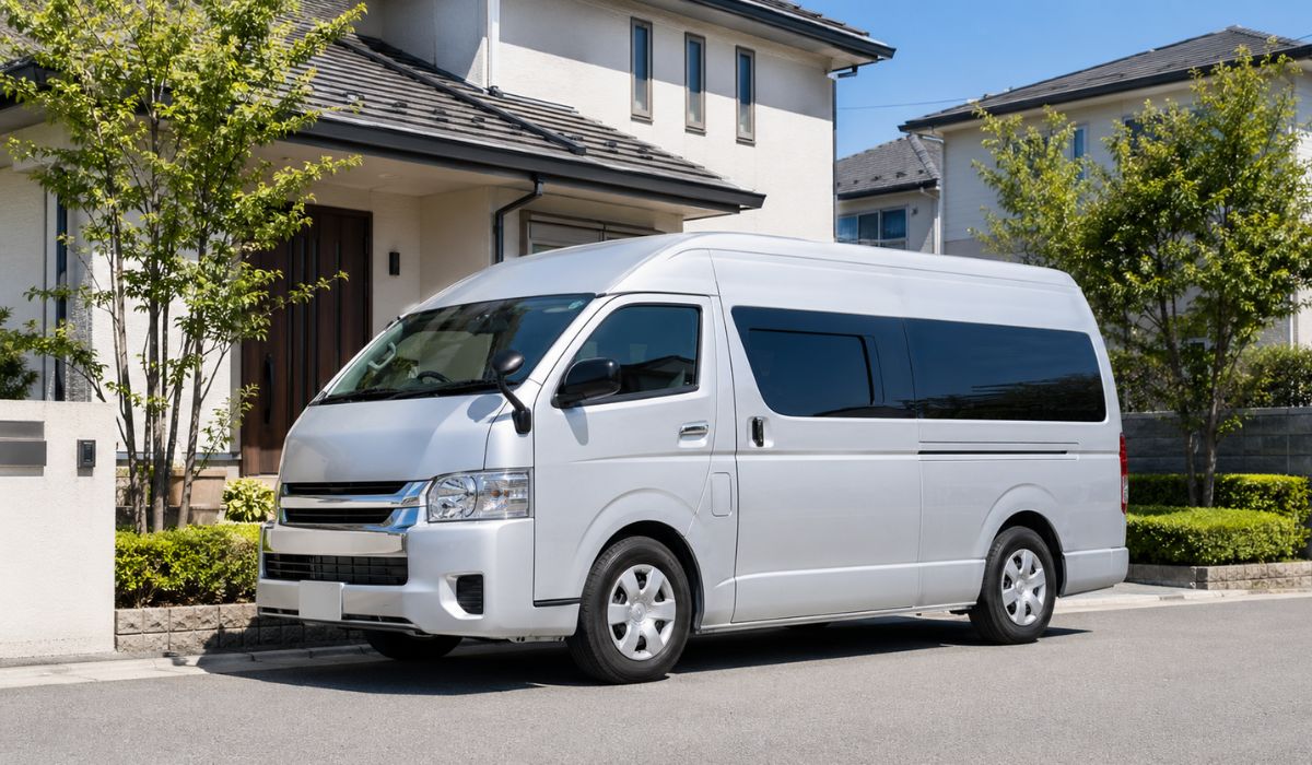 日本の住宅街の前に停まる清潔な白いペット火葬車の外観