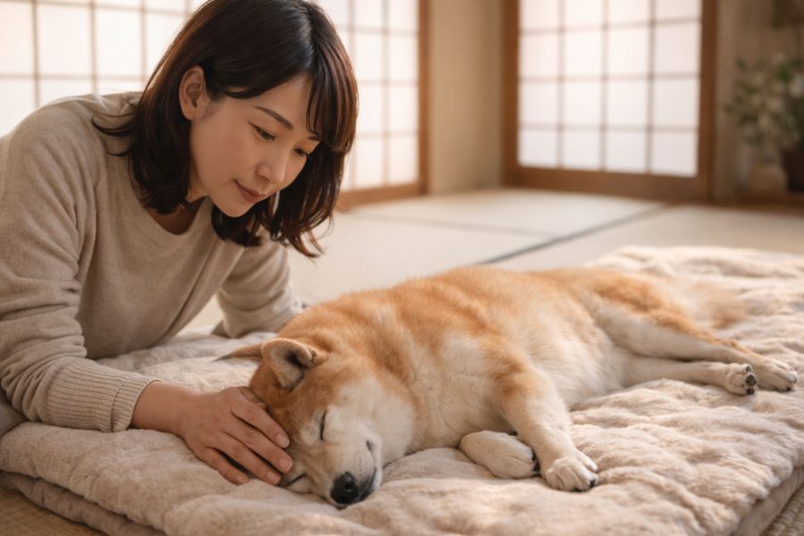 畳の上のブランケットに横たわる柴犬の胸元にそっと手を添える日本人女性