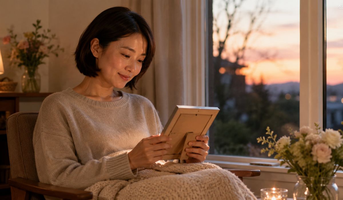 夕方の窓辺で小さな写真立てを両手で持ち、穏やかな表情で見つめる日本人の女性