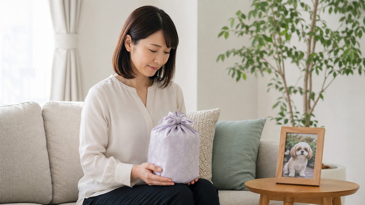 ソファに座り骨壺カバーを両手で抱えている女性