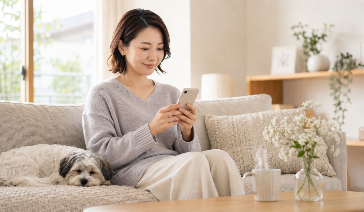 明るいリビングのソファでノートパソコンを膝に置く日本人女性とクッションでくつろぐ小型犬