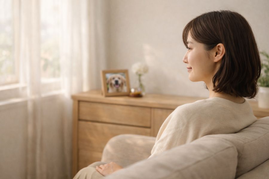 リビングのソファに座り棚の上のペット供養スペースを穏やかに見つめる日本人女性