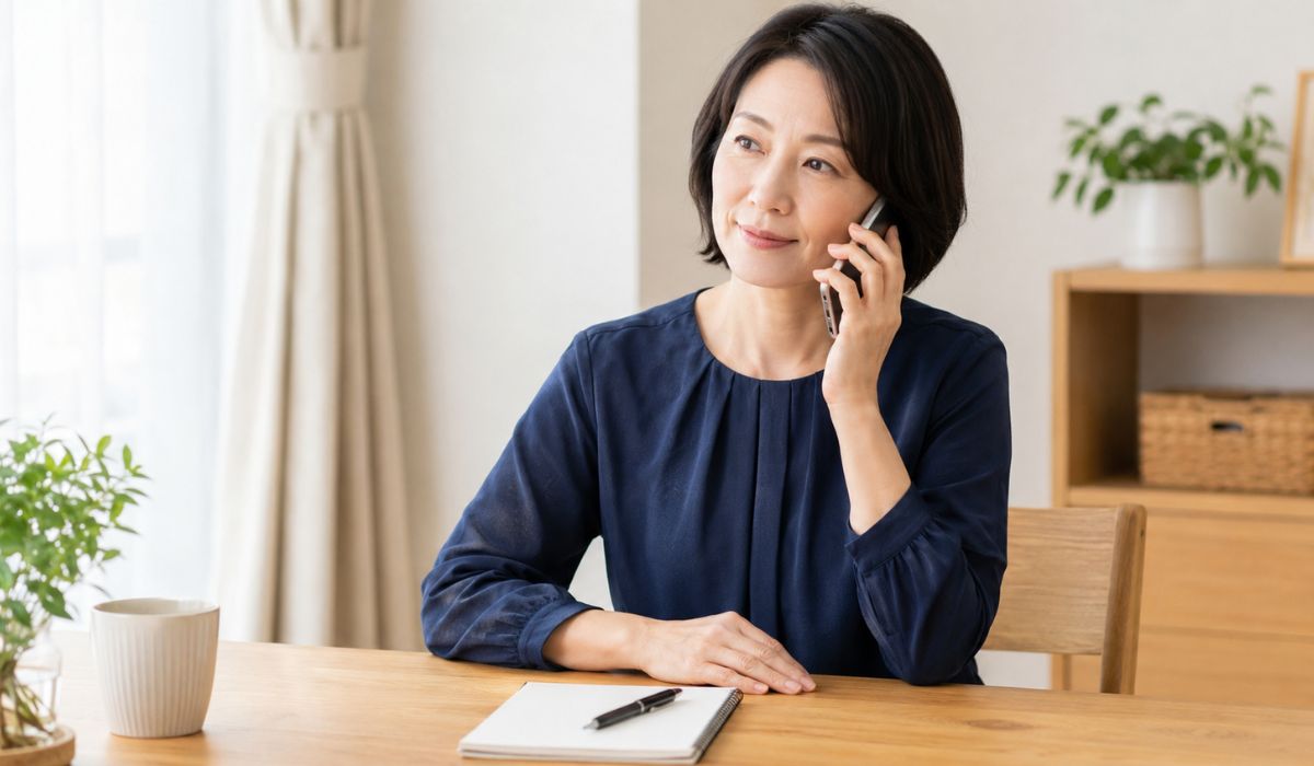 自宅のデスクでメモ帳を前にスマートフォンで穏やかに電話する日本人女性