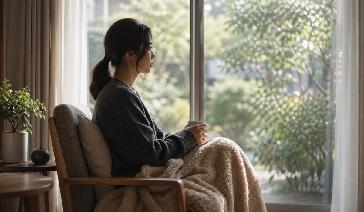 窓辺の椅子に座りブランケットを膝にかけて外を眺める日本人女性の横顔