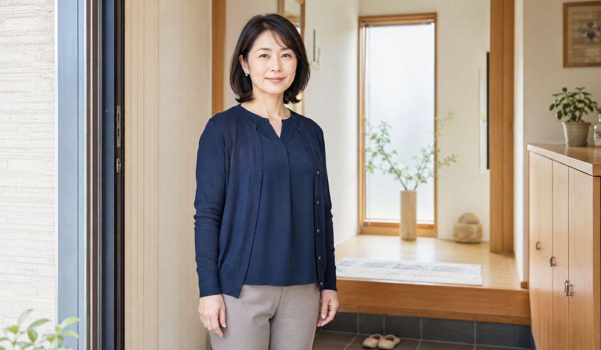 自宅の玄関先で紺色のきれいめな服装で穏やかに立つ日本人女性