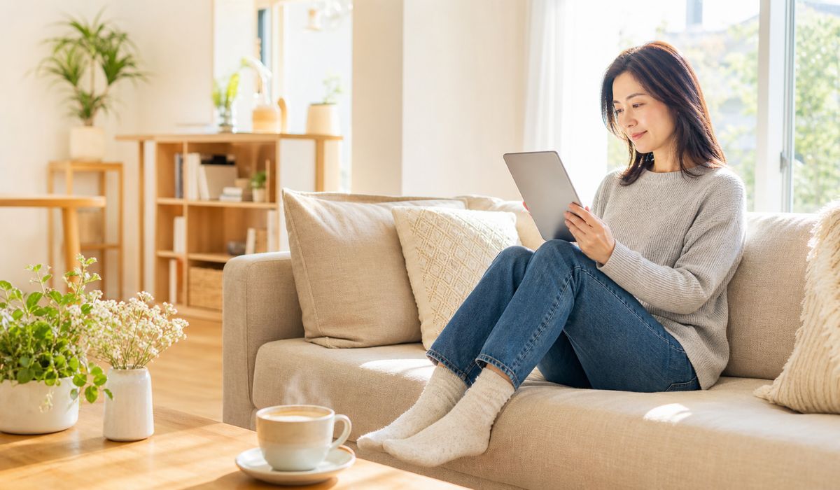 明るいリビングのソファでタブレットを見つめる40代の日本人女性とコーヒーテーブルに置かれた湯気の立つカフェオレと白い花