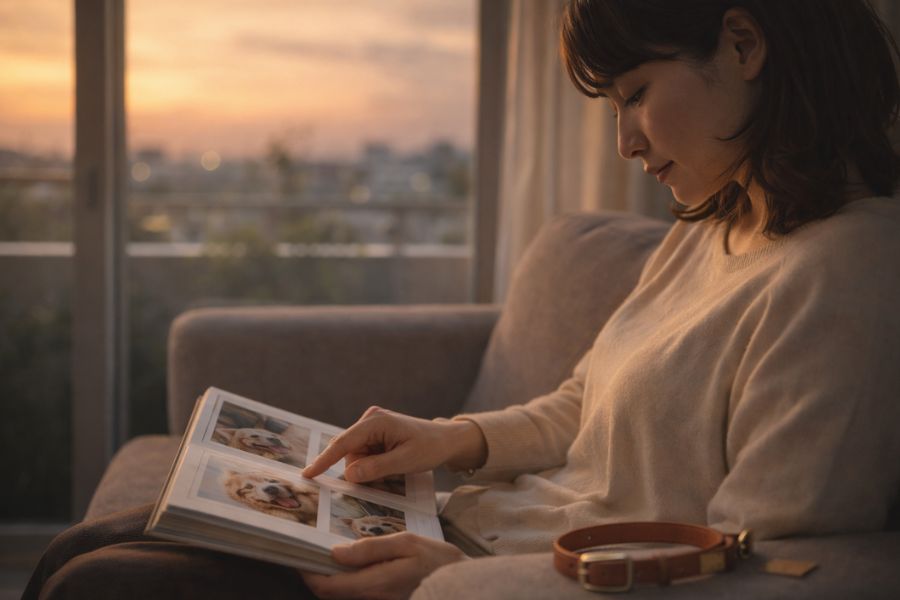 夕日が差し込む窓辺のソファでフォトアルバムの犬の写真を指先でそっと撫でる日本人女性の横顔