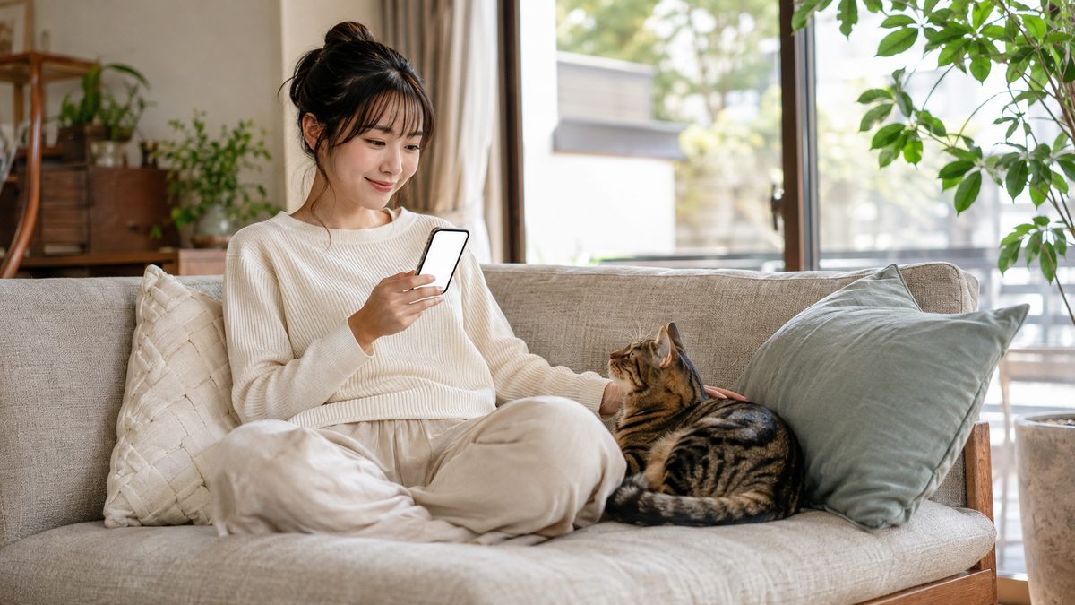 ソファで猫と一緒に過ごしながらスマートフォンを見る女性