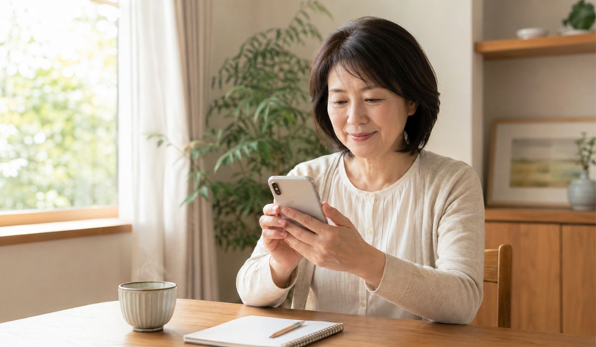 自宅のテーブルでノートにペンで書きながらスマートフォンを傍らに置いた日本人女性40代