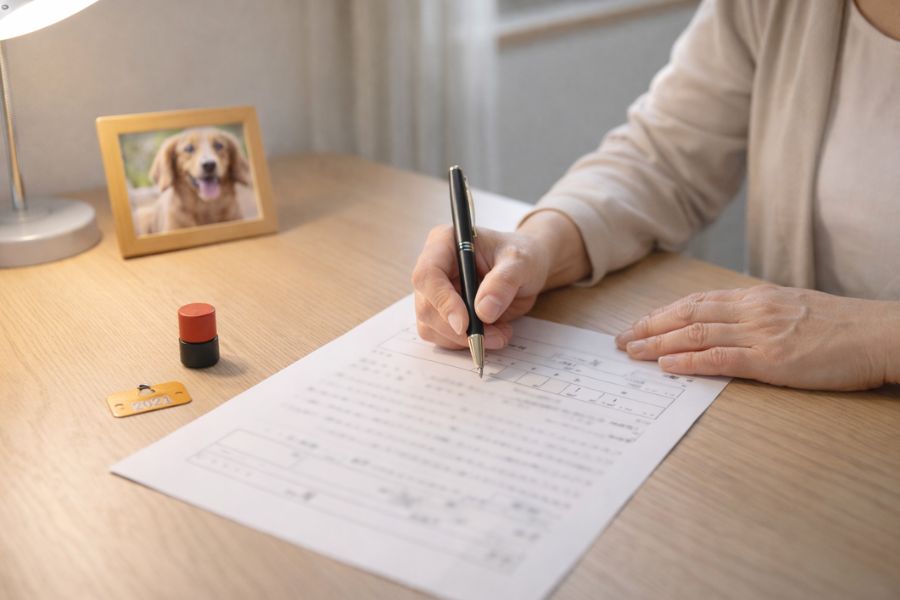 木目デスクで書類にペンで記入する日本人女性の手元と犬の鑑札とダックスフンドの写真立て
